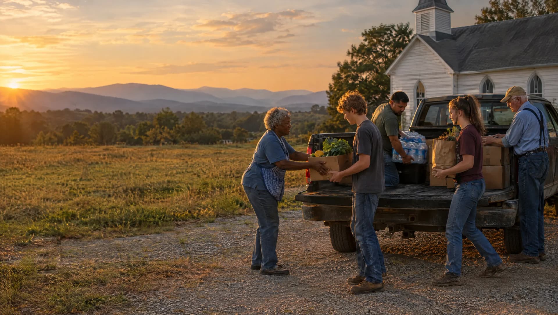 Volunteers of different ages passing boxes of produce from a pickup truck outside a small white country church at sunset, with the Blue Ridge foothills behind