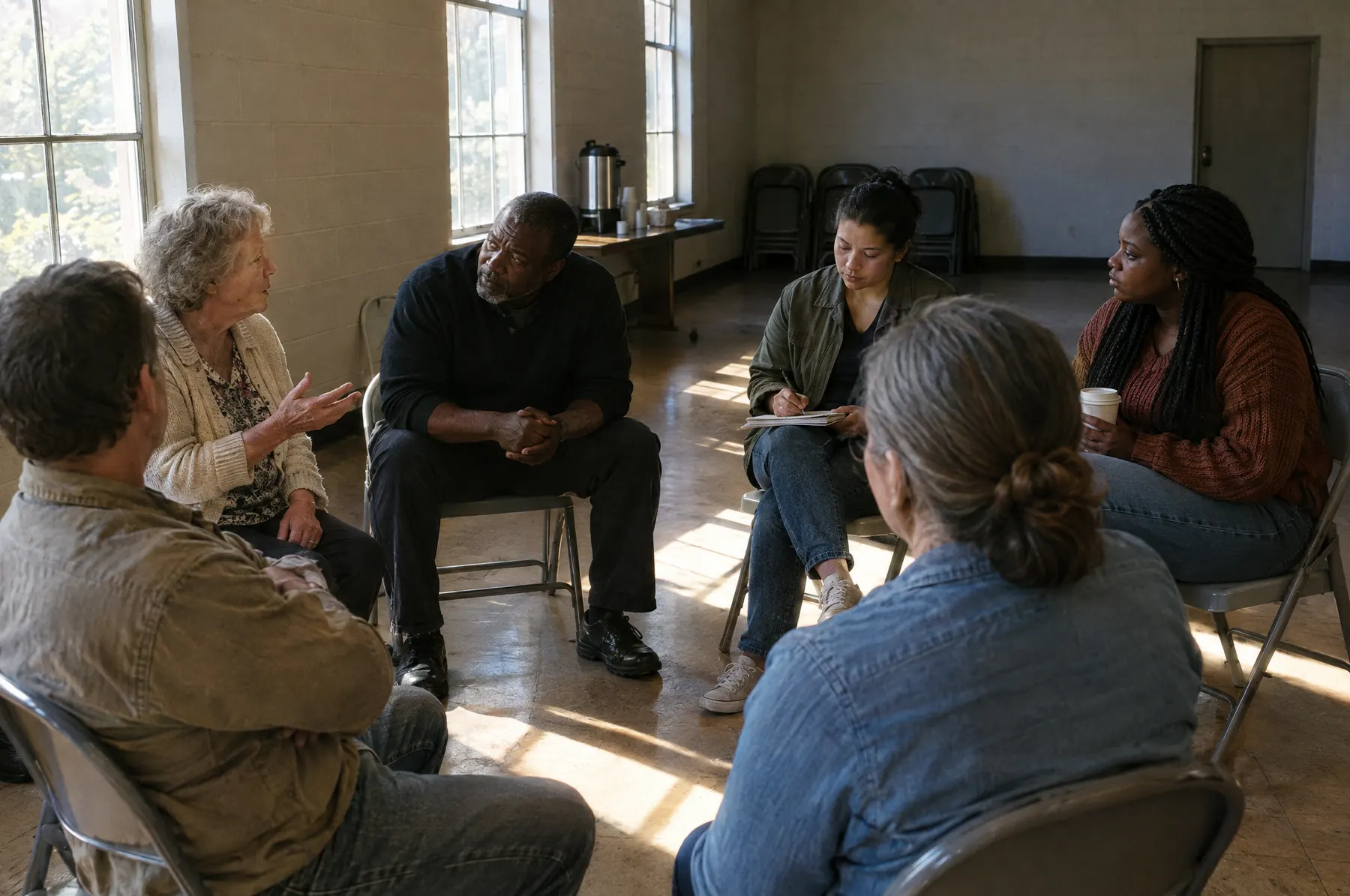 Neighbors of different ages sitting in folding chairs in a circle, talking in a church fellowship hall