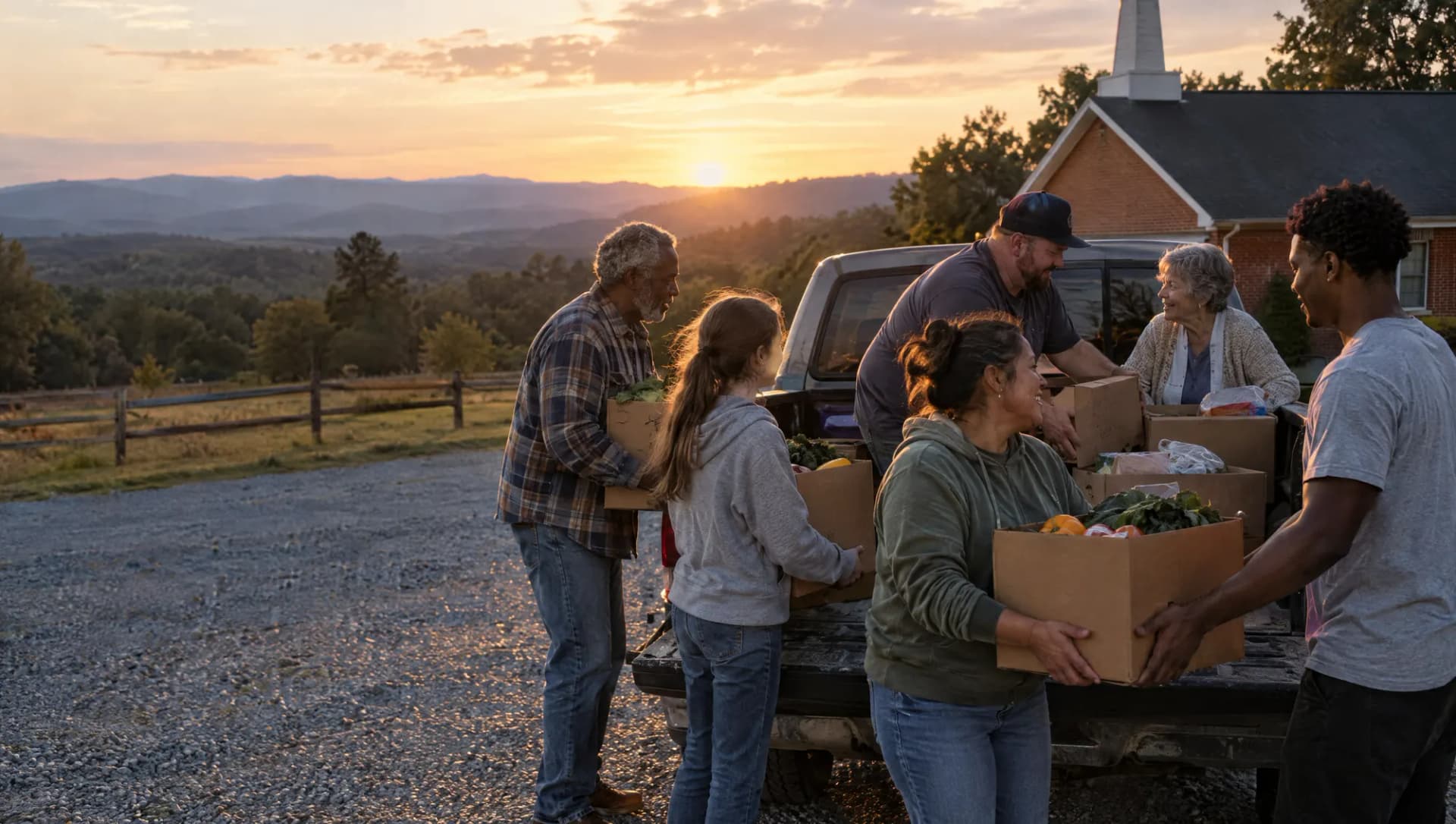 Volunteers unloading boxes of groceries from a truck tailgate in a church parking lot at golden hour